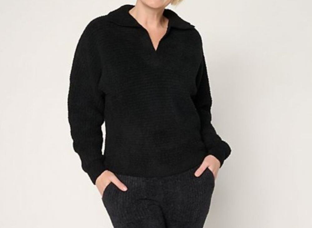Barefoot Dreams Rib Collared Pullover CozyChic Dolman Large Black A698514 NWOT